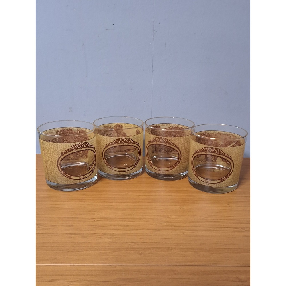 Vintage‎ Currier & Ives Four Seasons Whiskey Rocks Glasses Set of 4 Brown Cream